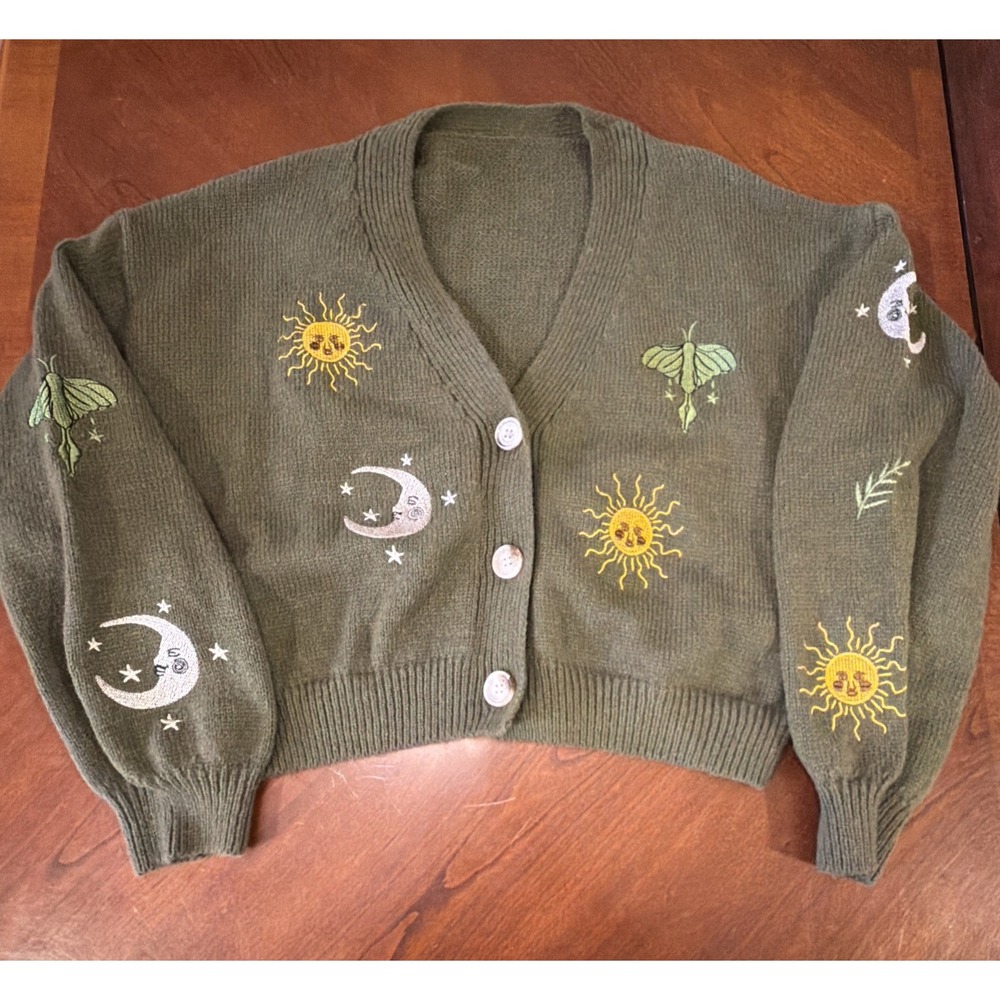 Romwe Women's Solistical Sun Moon Dragonfly Cardigan Sweater Dark Green 1XL
